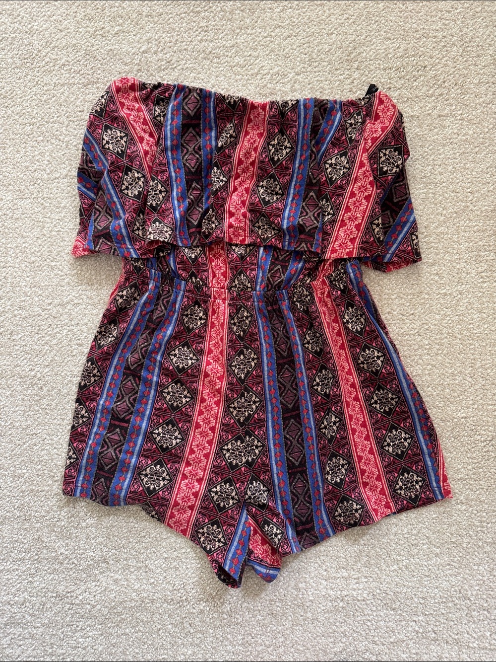 Striped Boho Paisley Strapless Romper Pink, Blue & Black